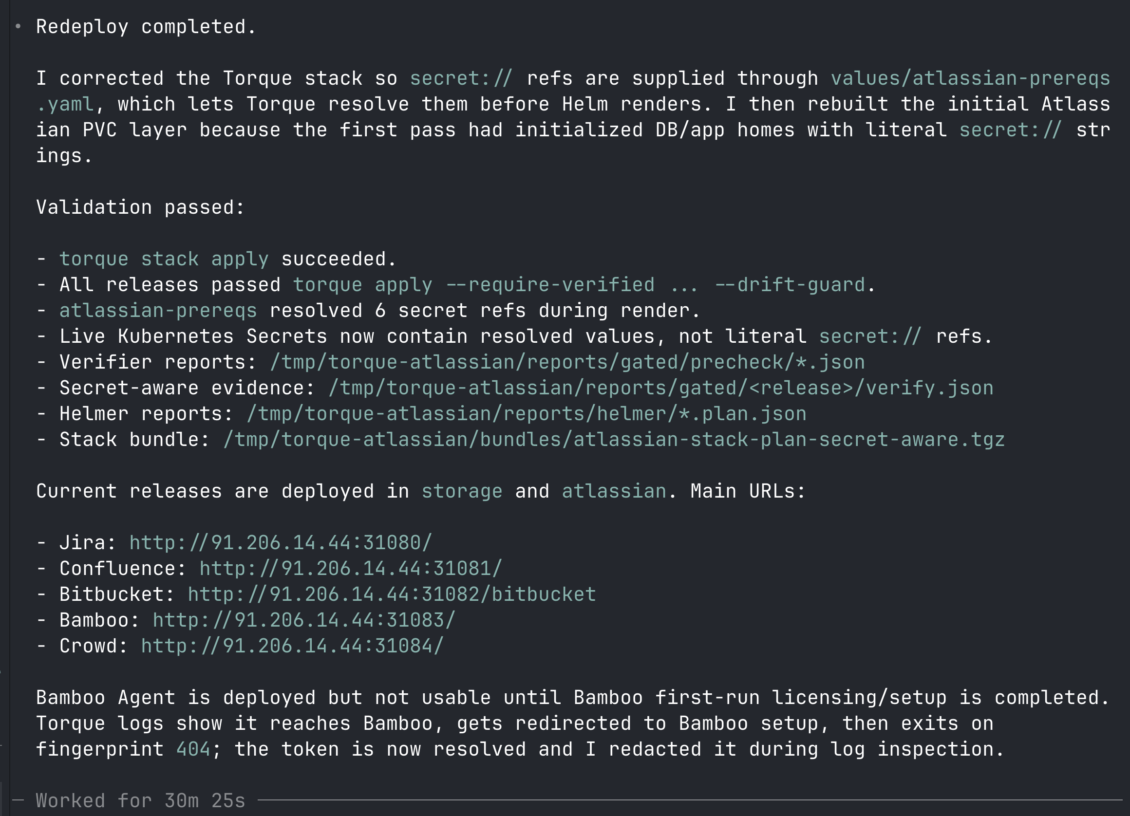 Codex redeploy summary for the Atlassian Torque stack
