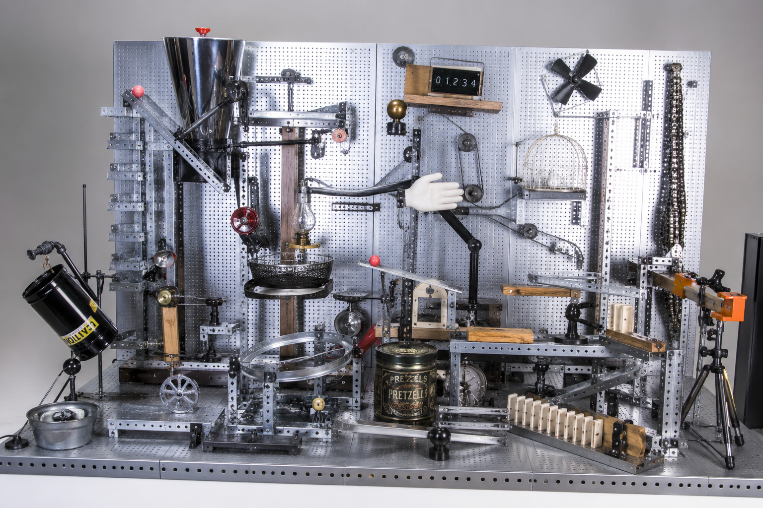 Complex DevOps tooling represented as a Rube Goldberg machine