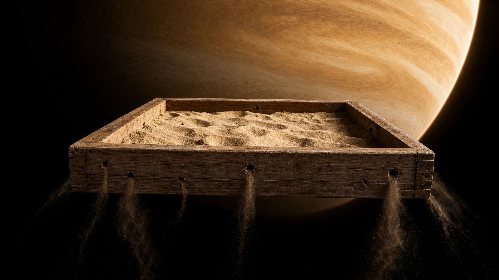OpenAI-generated ultrarealistic sandbox floating in space near Venus with sand spilling from holes